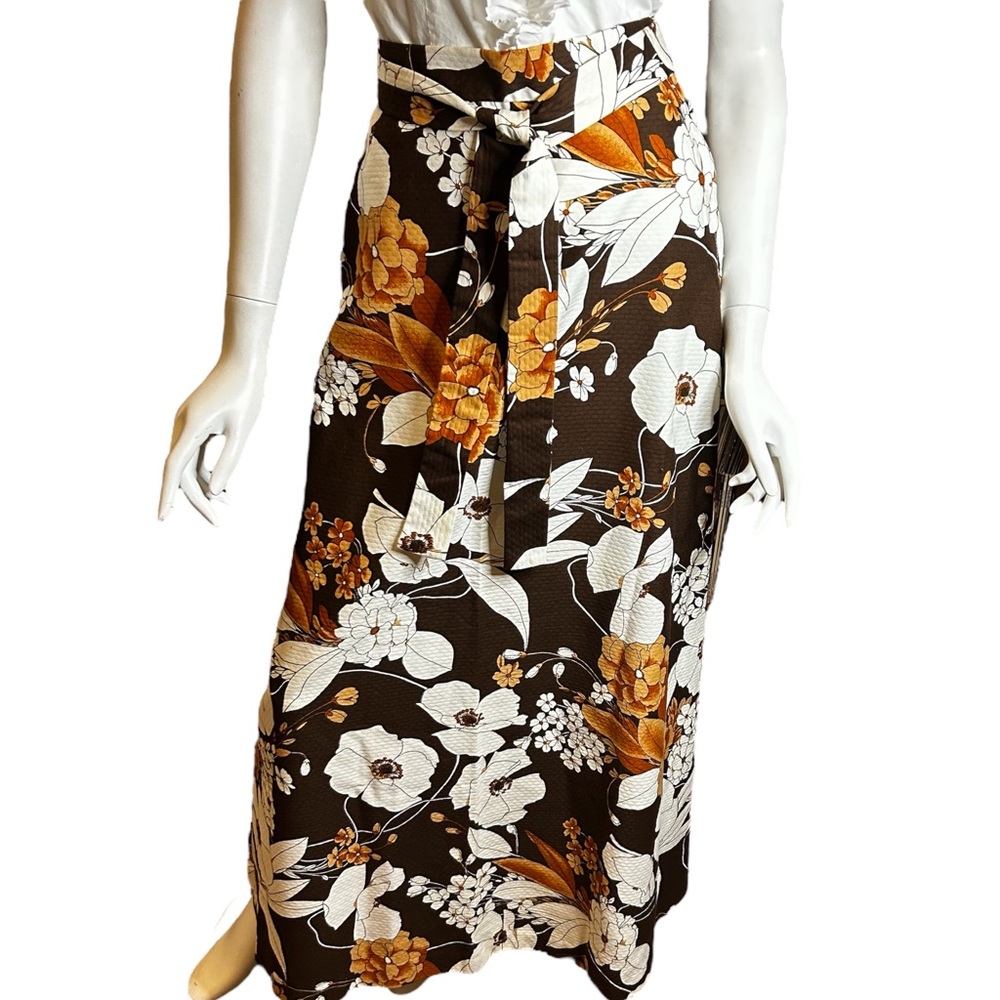 Vintage 70s F.A.Chatta Brown Floral Maxi Skirt 26 Waist - Picture 3 of 14